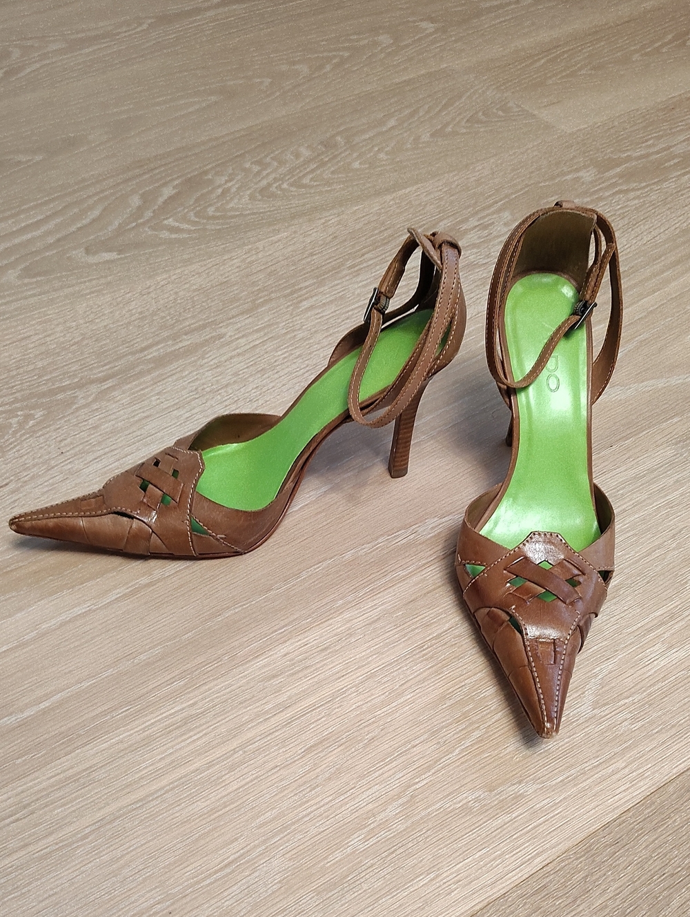 Aldo Brown Leather Pointed Slingback Heels with Green Insole